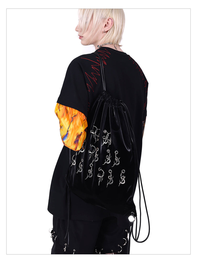 PINKSPINK FIRE CAT layered-sleeve graphic tee — full-length modeled styling view