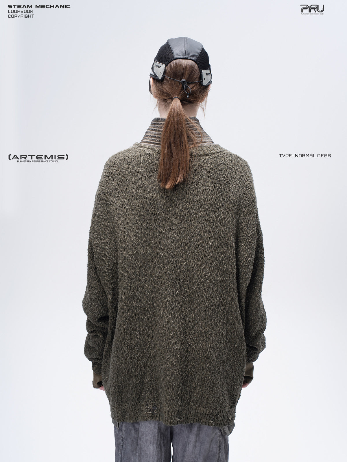PIONEER tundra green moon-protection distressed sweater — full-length styled view