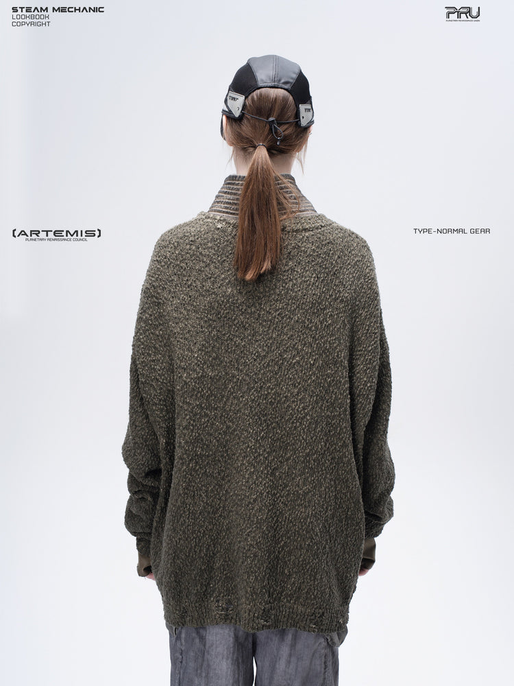 PIONEER tundra green moon-protection distressed sweater — full-length styled view