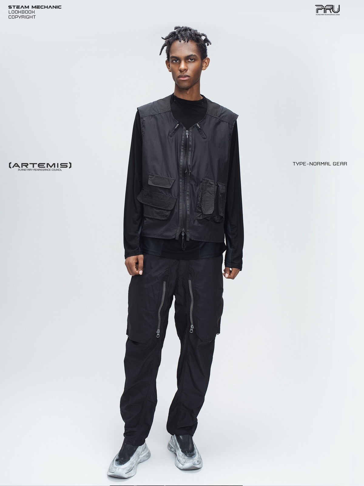 CLERIC utility nylon vest in stardust black — full-length front modeled view showing the straight fit