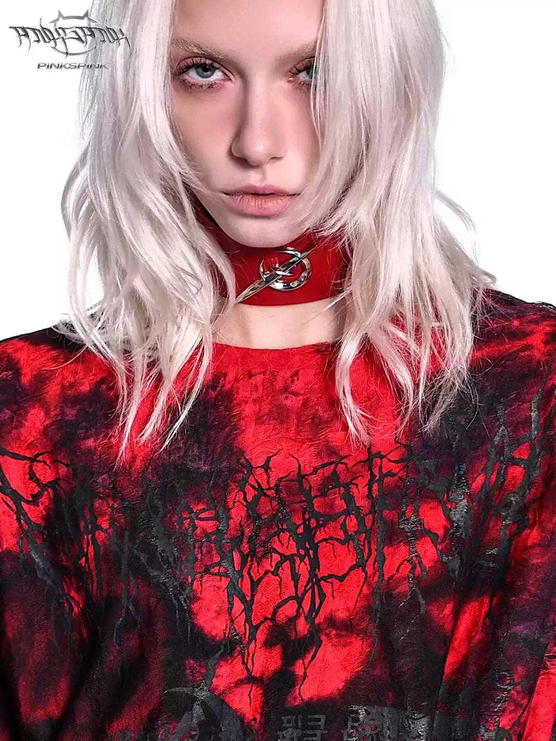 PINKSPINK ELECTRIC MOON punk leather choker — alternate modeled view showing the silhouette