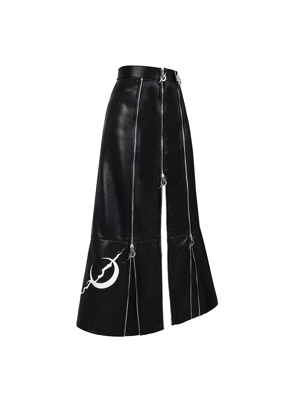 PINKSPINK ELECTRIC MOON zip-panel faux-leather maxi skirt — front garment-only view showing the vertical zip-panel construction
