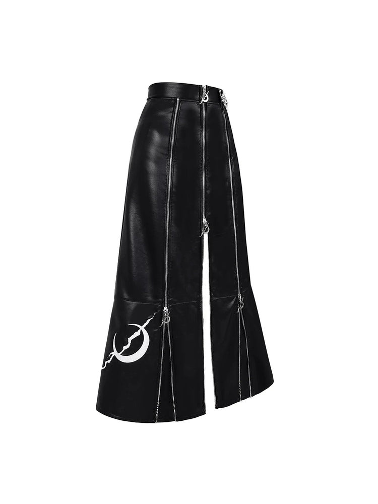 PINKSPINK ELECTRIC MOON zip-panel faux-leather maxi skirt — front garment-only view showing the vertical zip-panel construction