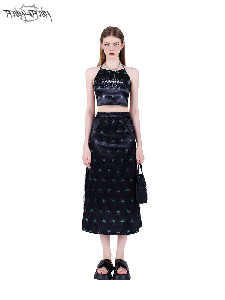 PINKSPINK SPIDER web-mesh halter crop top — front full-length modeled view styled with the long spider skirt