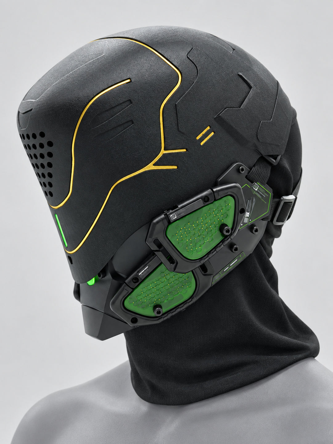 FOCKSHOP PROPHECY illuminated cyber mask — clean gold line + green panels product view