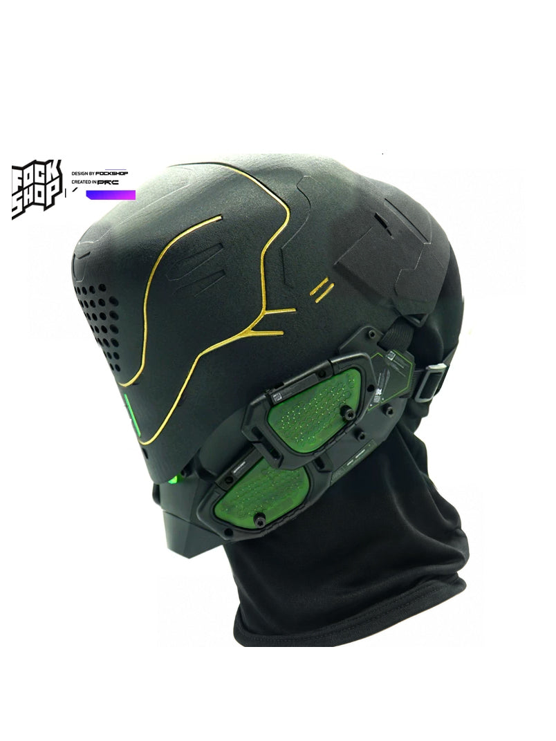 FOCKSHOP PROPHECY illuminated cyber mask — clean gold line + green panels product view