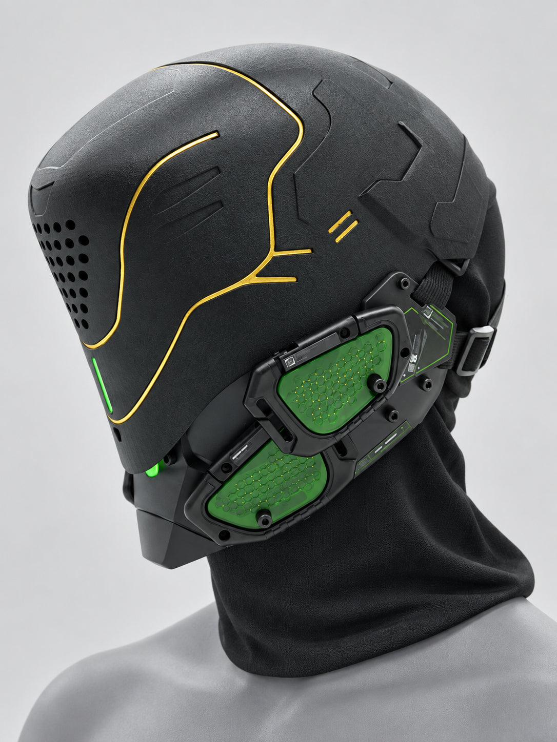 FOCKSHOP PROPHECY illuminated cyber mask — clean gold line + green panels product view