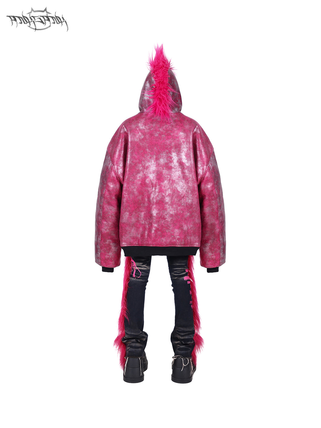 PINKSPINK BARBIE faux-fur flared jeans in PINK — rear full-body view with a jacket.