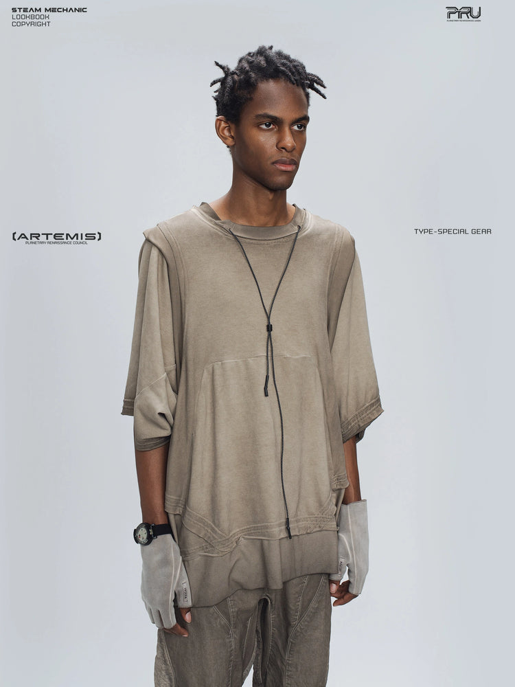 SUPERNOVA mercury brown convertible drawstring technical tee — three-quarter modeled view facing right