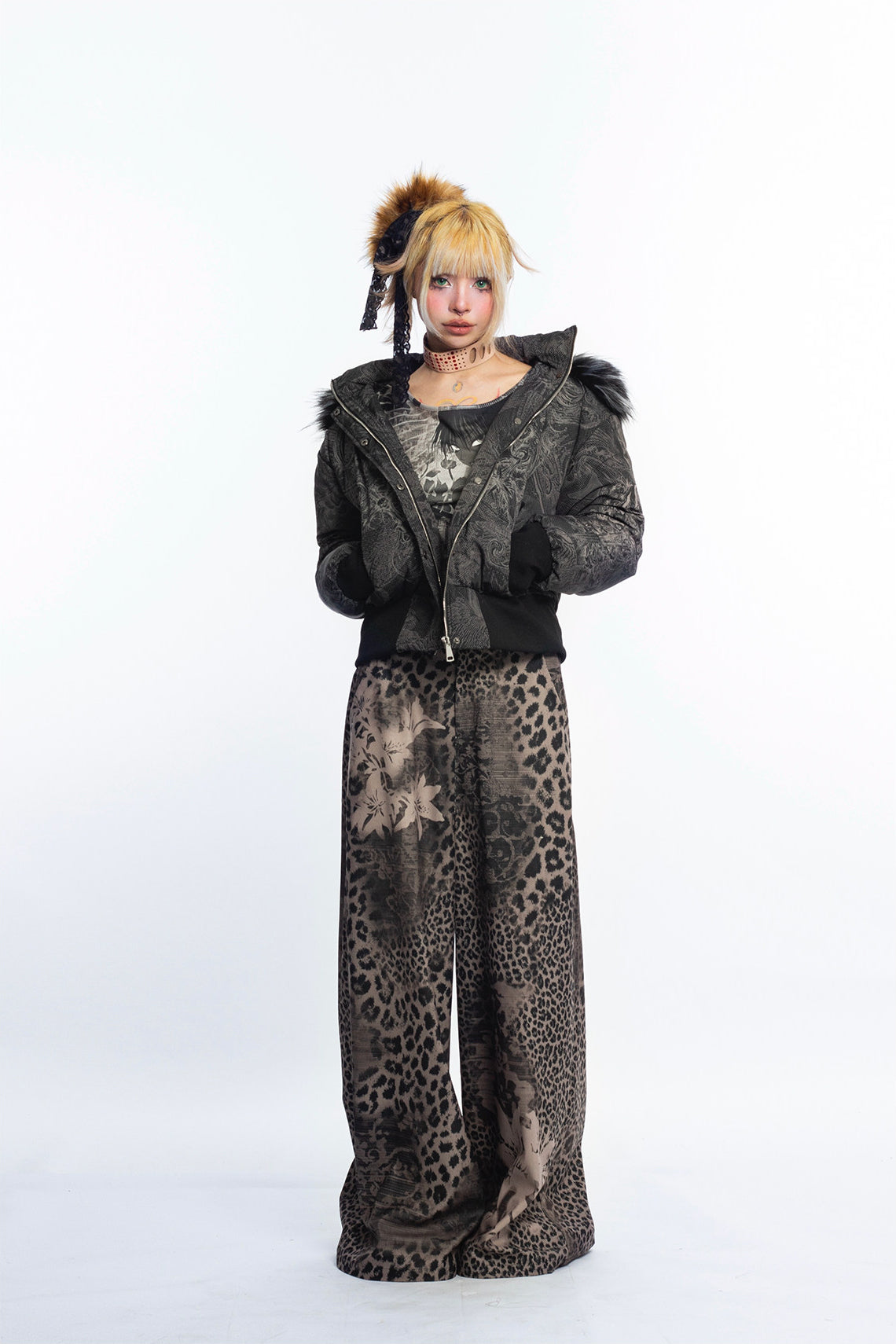 4RE1GN GOTHIC down jacket in charcoal ornamental print — Full-body front view with jacket open and hands in pockets.