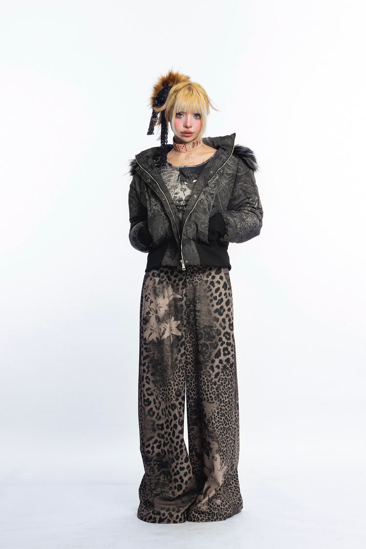 4RE1GN GOTHIC down jacket in charcoal ornamental print — Full-body front view with jacket open and hands in pockets.