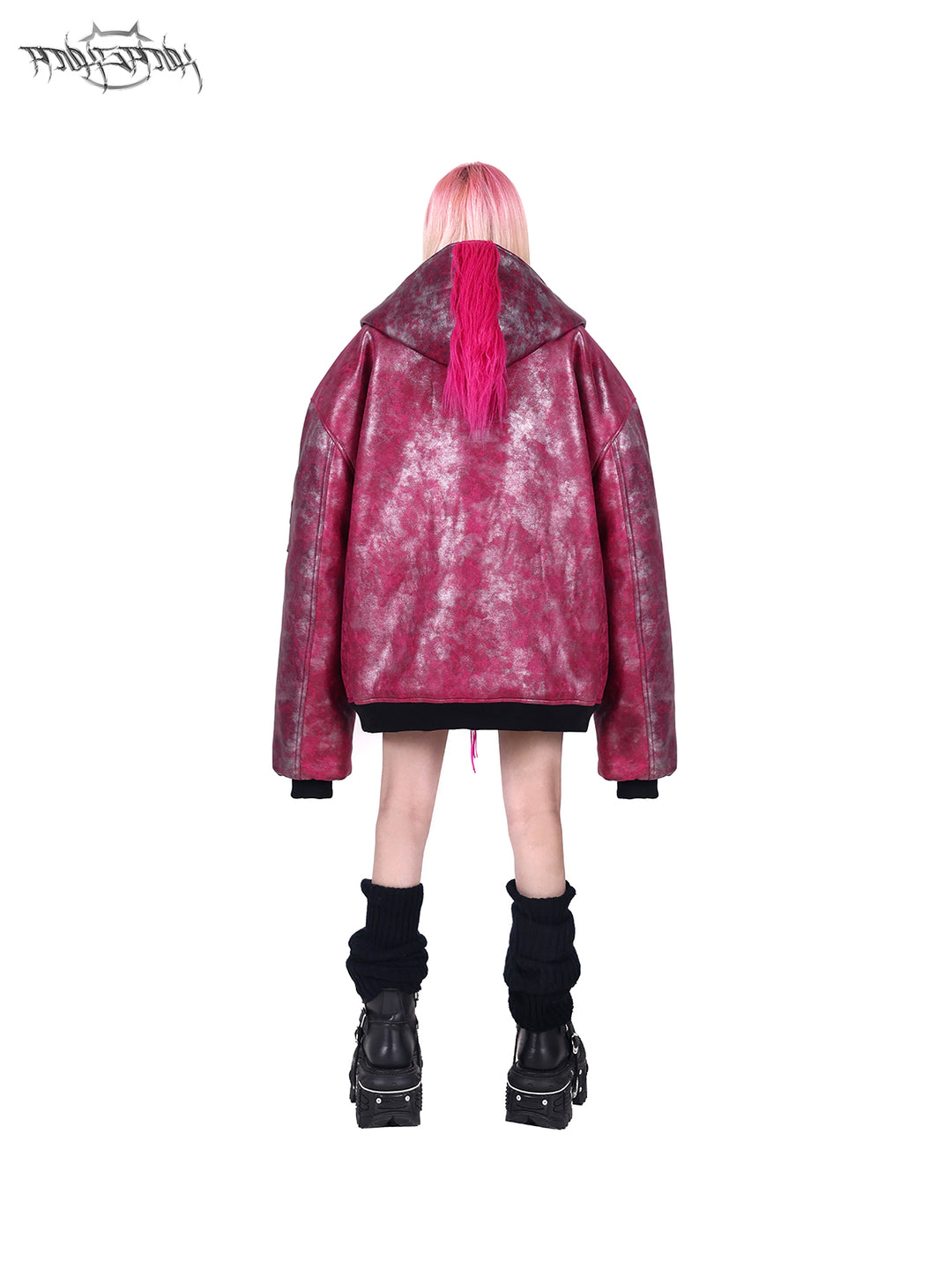 PINKSPINK COCKSCOMB mohawk padded jacket in PINK — rear view with hood down.