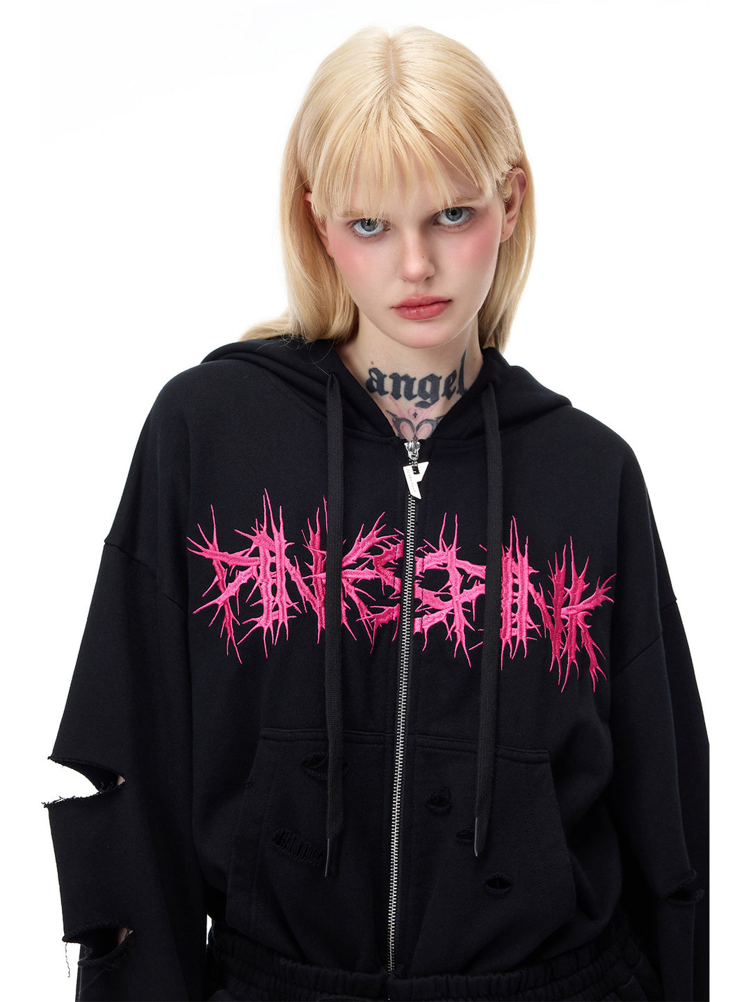 PINKSPINK MOHAWK RITUAL studded zip-up hoodie — front close-up with hood lowered