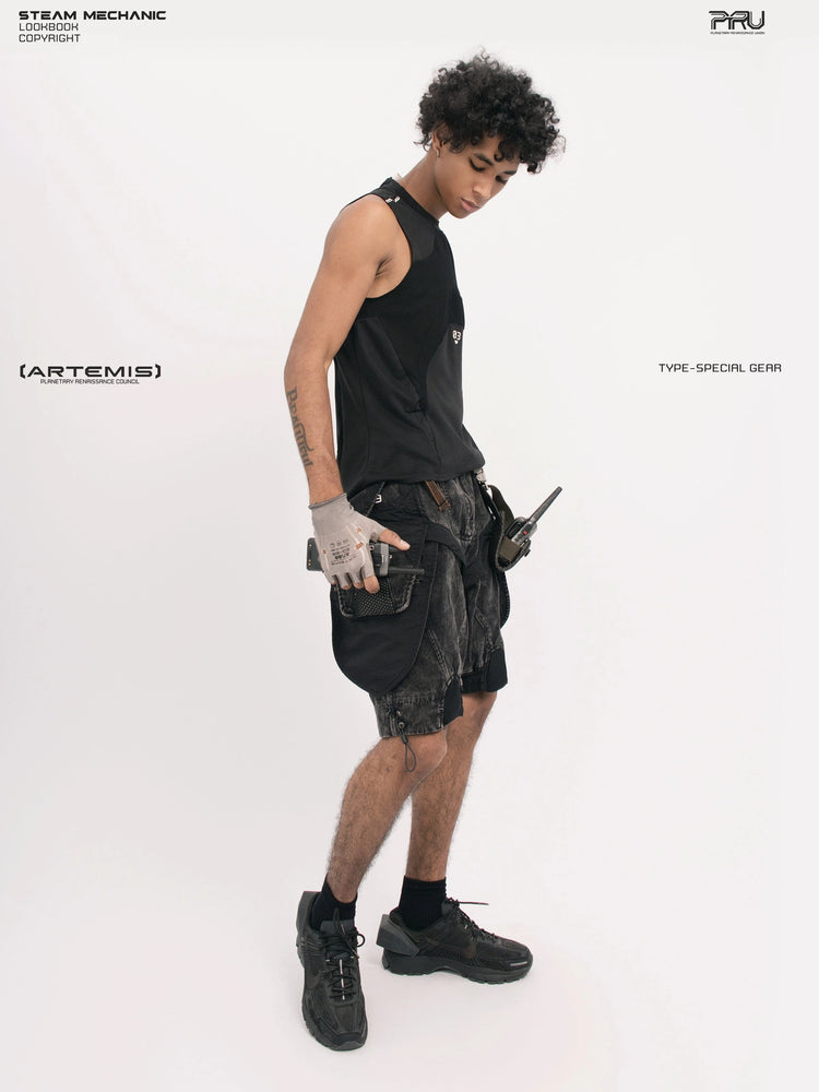 AEGIS blackbird black distressed mesh tank — full-length side modeled view looking down