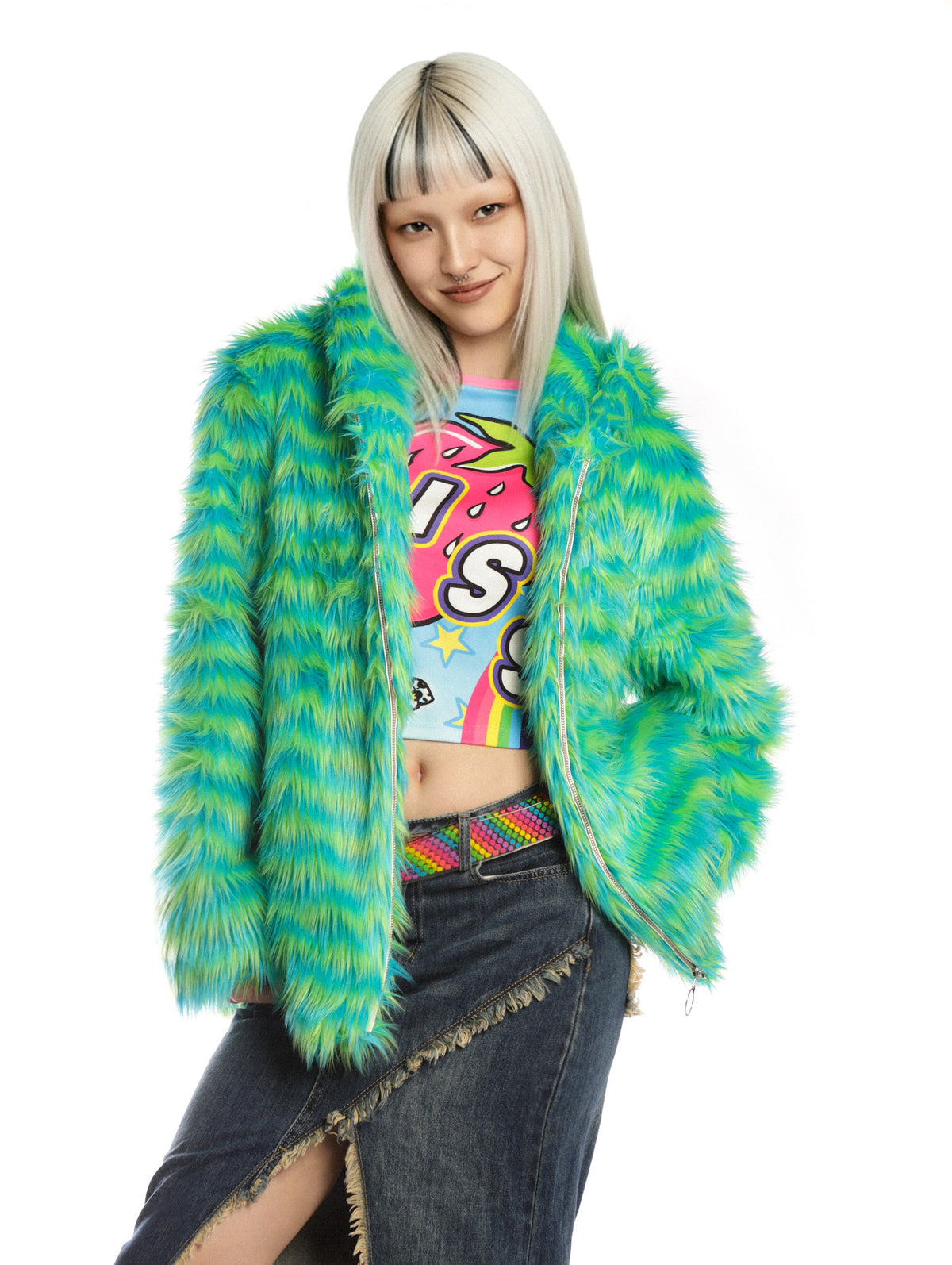 DEADENDKIDS RAVE STRIPE faux-fur hooded jacket — alternate styled presentation