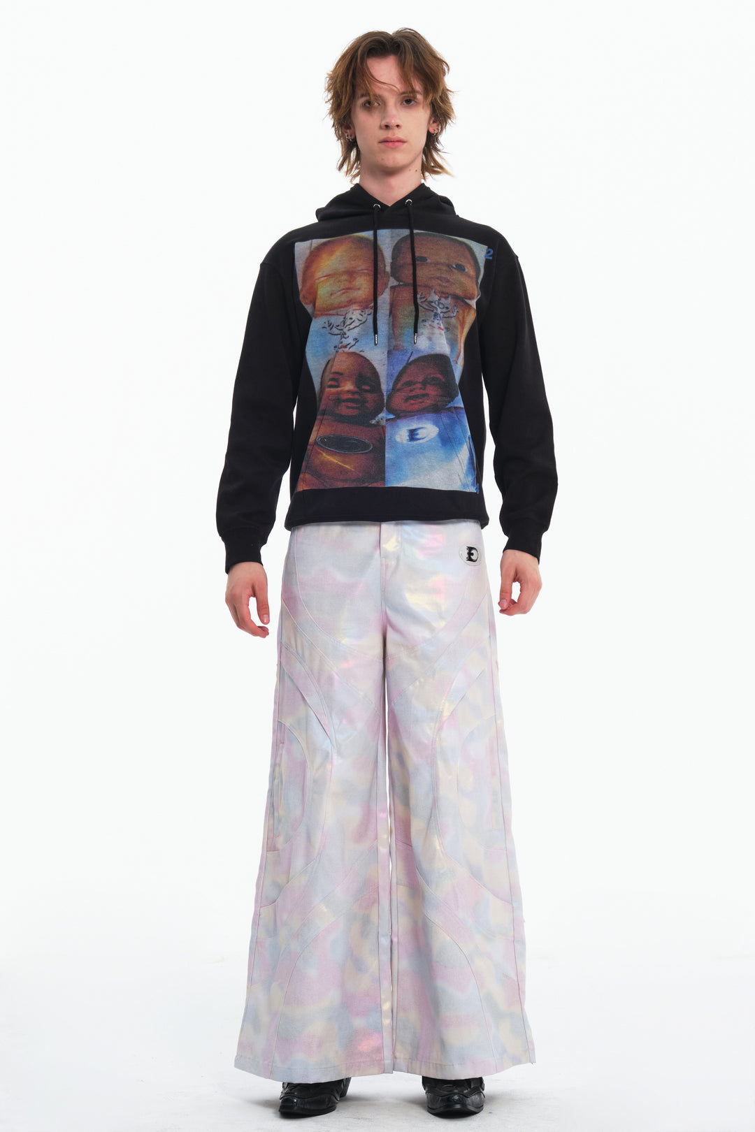 EMBRYO REFLECTIVE CAMO deconstructed wide-leg pants — construction detail