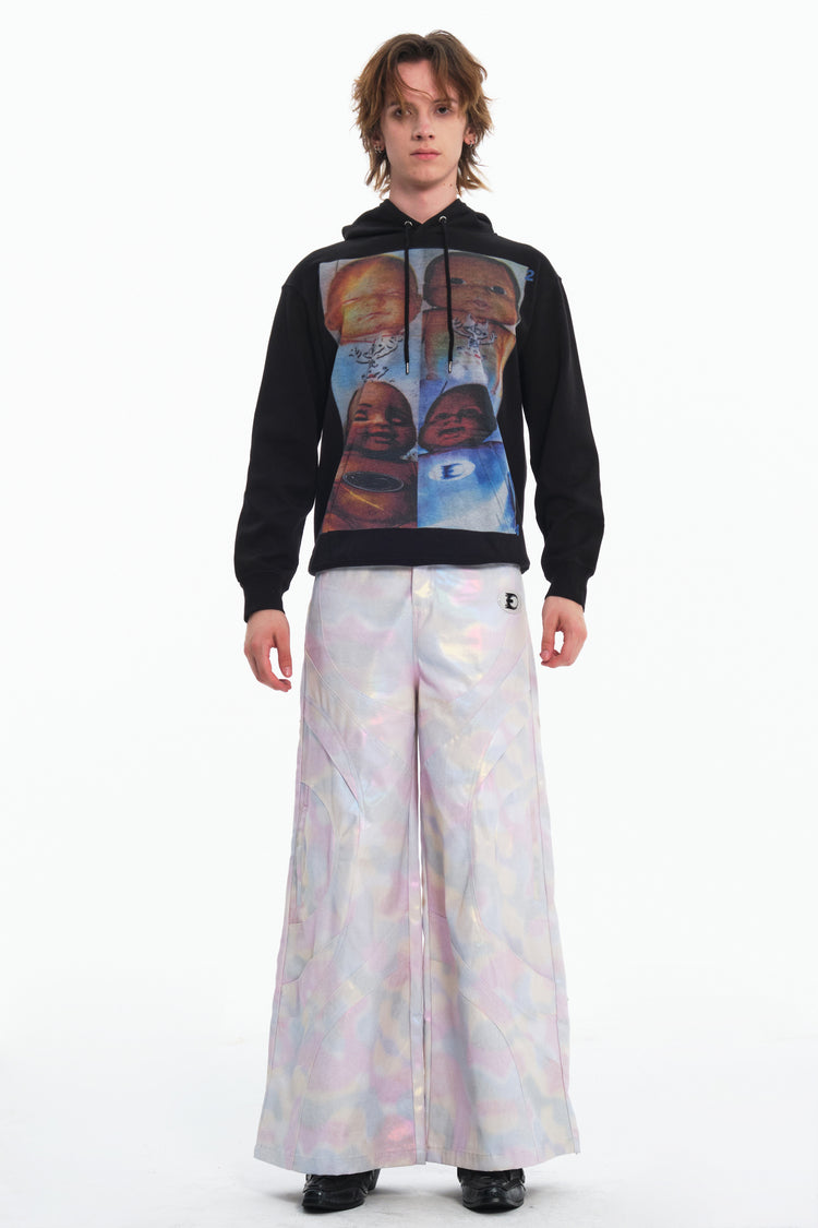 EMBRYO REFLECTIVE CAMO deconstructed wide-leg pants — construction detail
