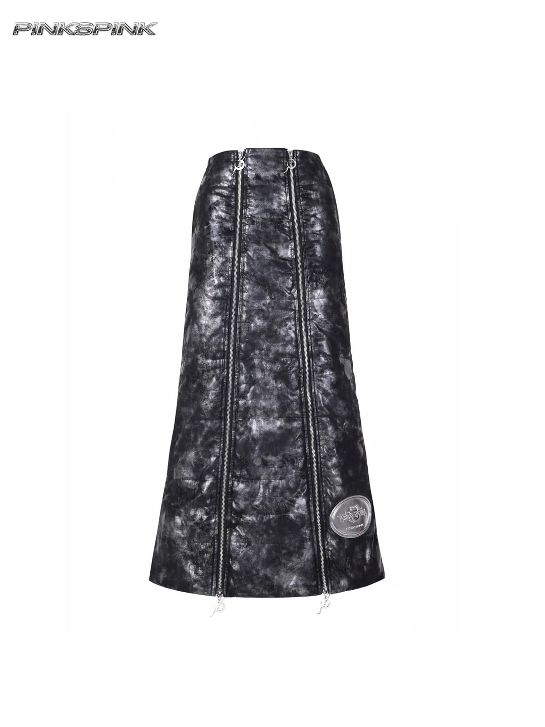 PINKSPINK ELECTRIC MOON metallic double-zip maxi skirt — black silver front garment-only view
