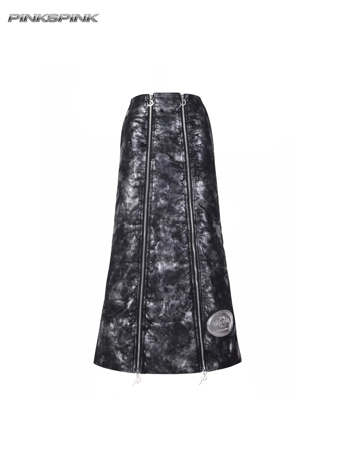 PINKSPINK ELECTRIC MOON metallic double-zip maxi skirt — black silver front garment-only view