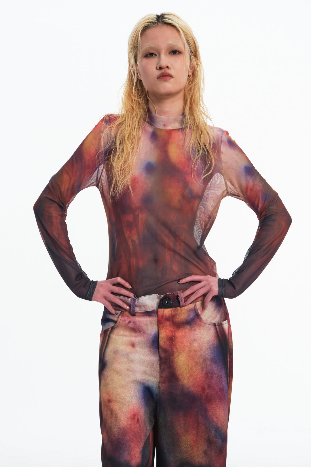 EMBRYO BRUISE SIGNAL printed mesh top — alternate modeled angle