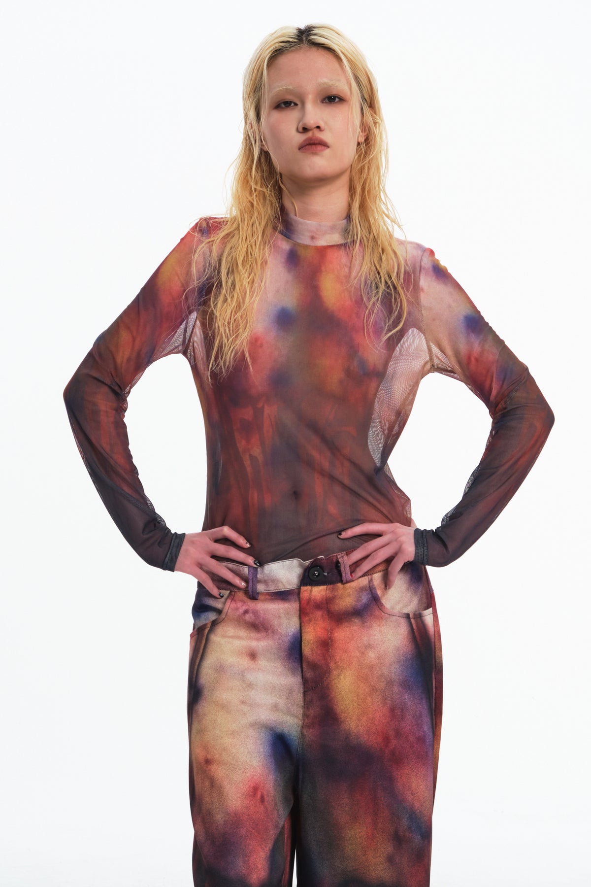 EMBRYO BRUISE SIGNAL printed mesh top — alternate modeled angle