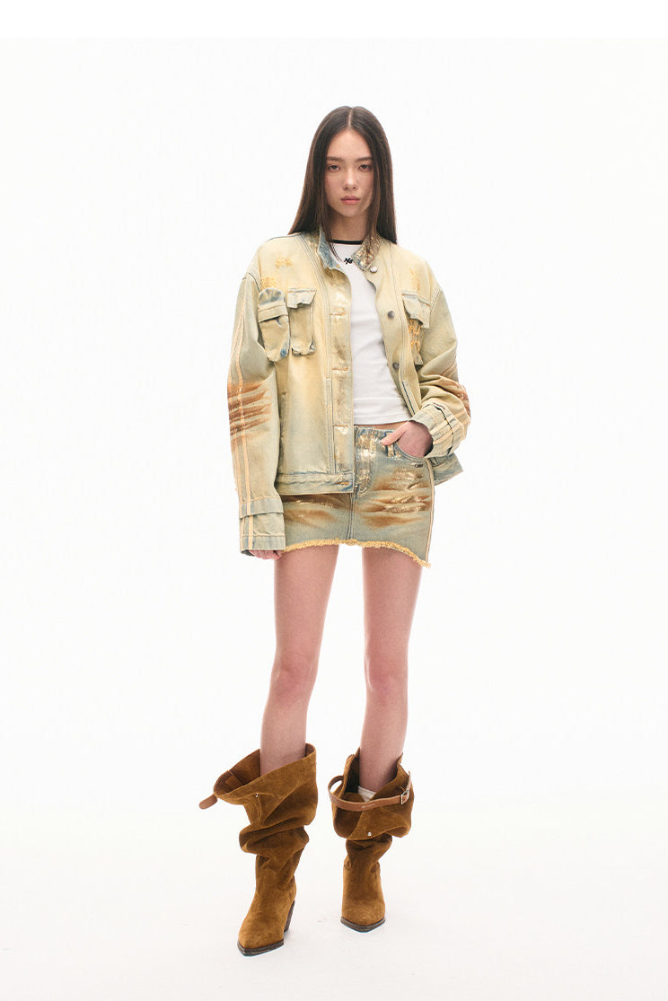 NAWS PYTHON silver-wash denim mini skirt — cleaned hero collage showing the complete design