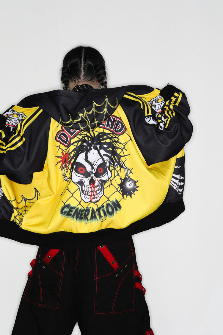 DeadEndKids Hardcore Generation skeleton zip-up hoodie — modeled back, arms spread