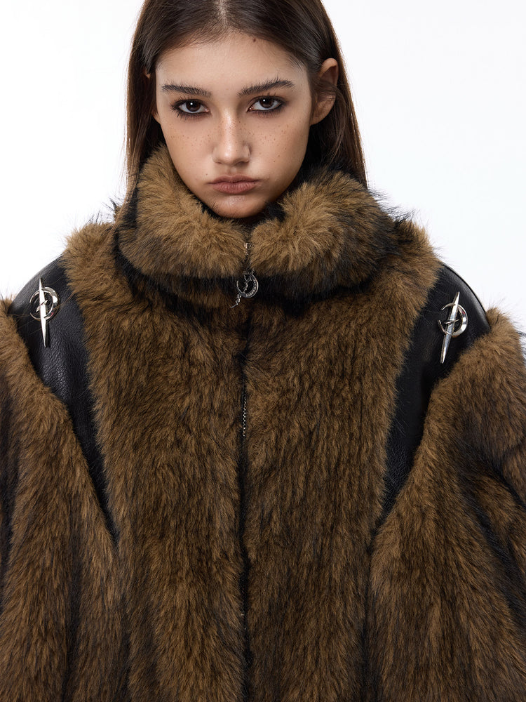 PINKSPINK ELECTRIC MOON paneled faux-fur jacket — front collar and zipper detail