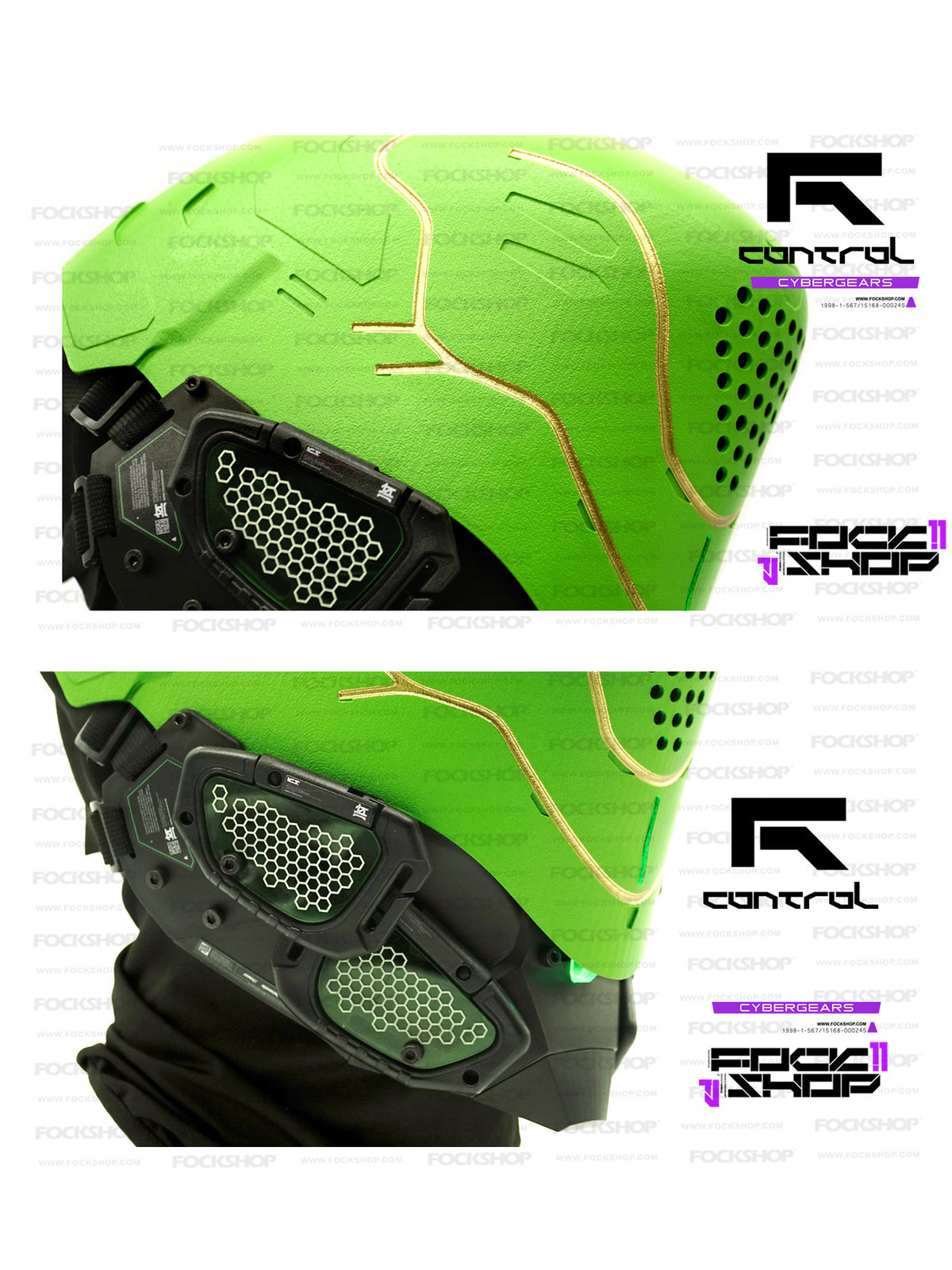FOCKSHOP PROPHECY anniversary cyber mask — original close-ups of the textured green shell, gold lines and mechanical cheek panels