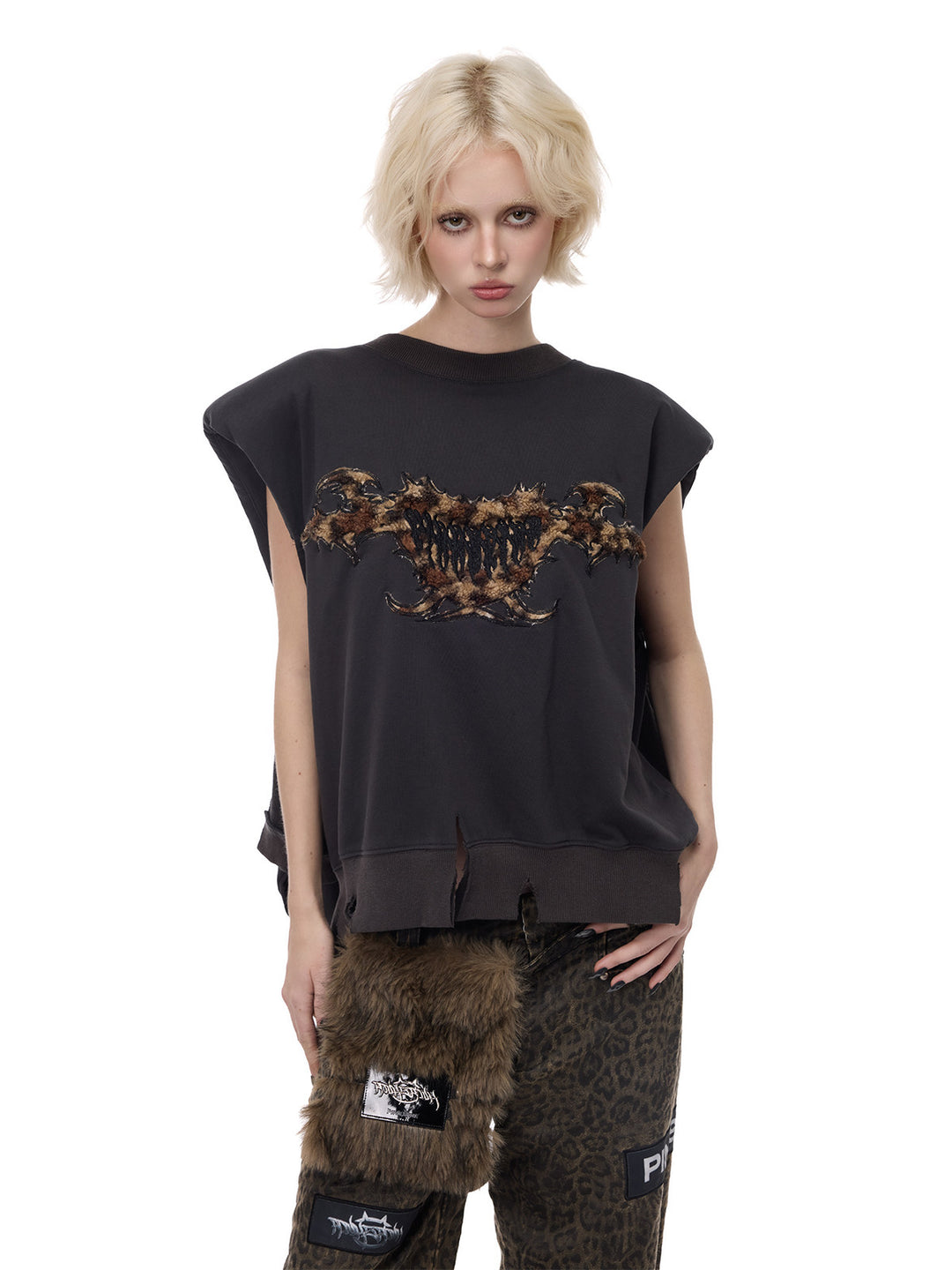 PINKSPINK LEOPARD RIOT two-way layered sweatshirt — front modeled view with sleeves draped behind
