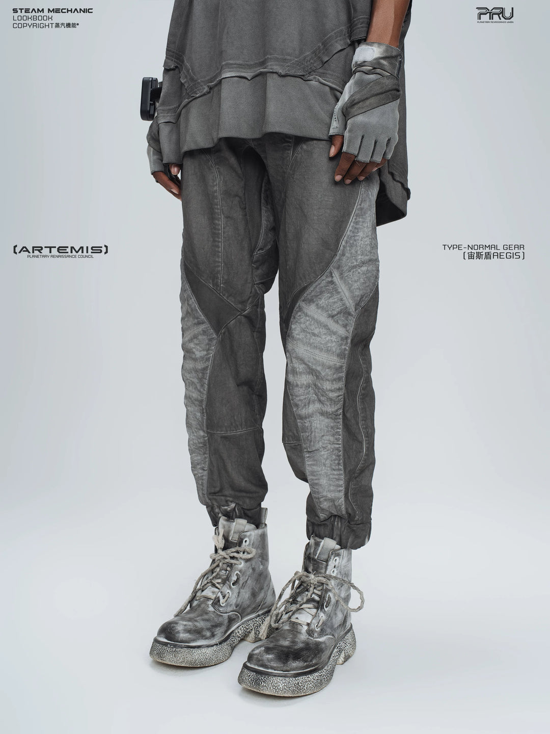 AEGIS moon dust gray cropped moto riding pants — side modeled view