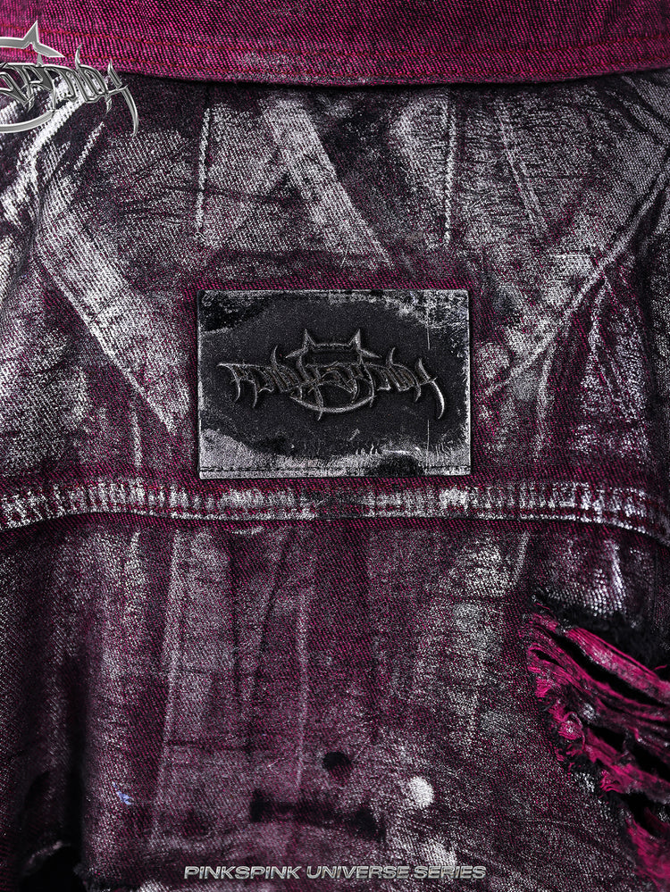 PINKSPINK silver-coated distressed denim jacket in WASTELAND PINK — close rear yoke detail showing the metallic finish and brand patch.