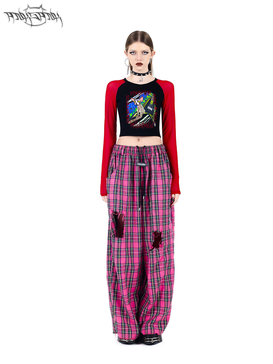 PINKSPINK PINK RIOT distressed plaid wide-leg pants — pink plaid full-length front view with a red raglan top