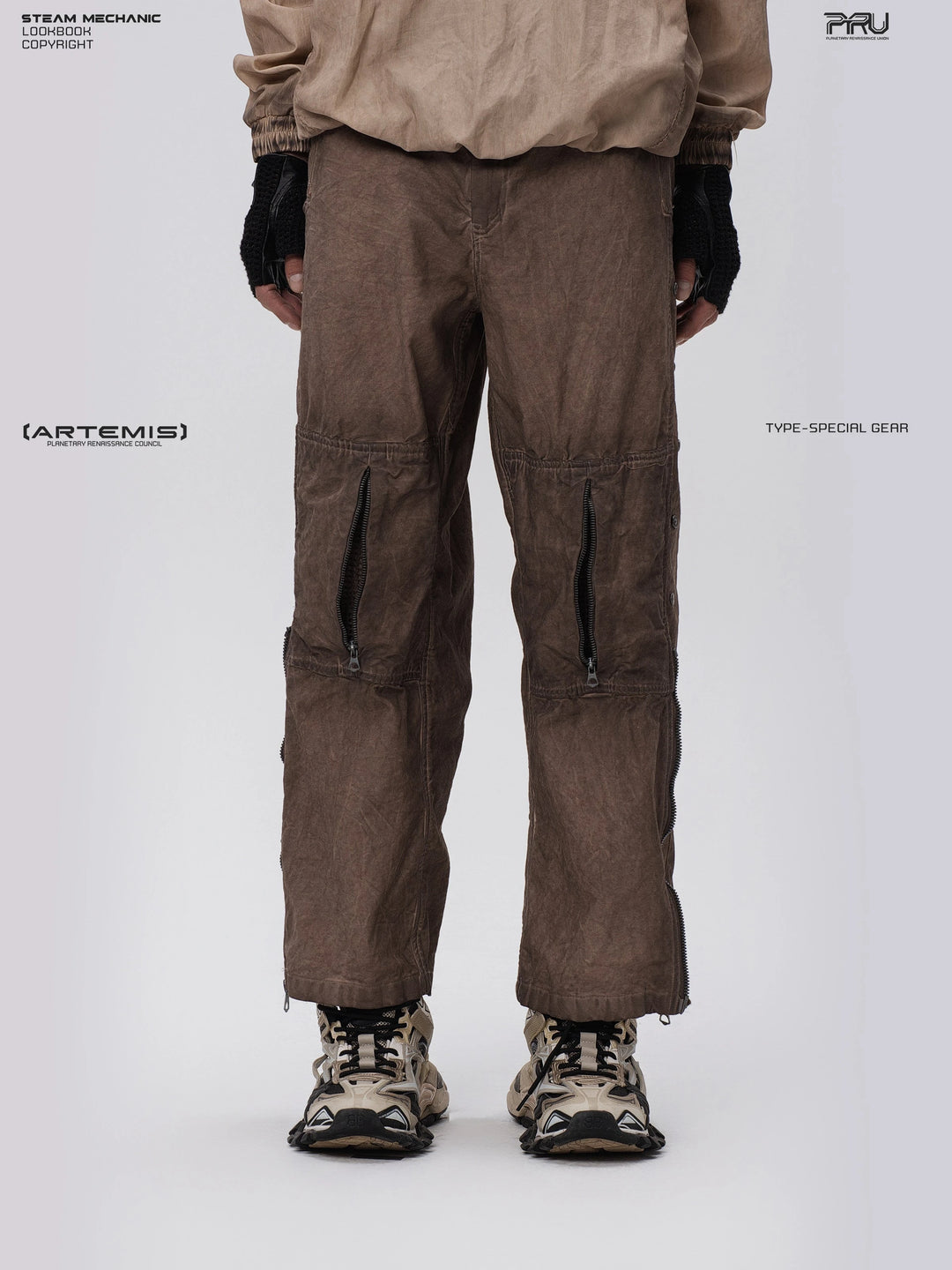 PIONEER ochre brown knee-mesh utility work pants — front modeled product view