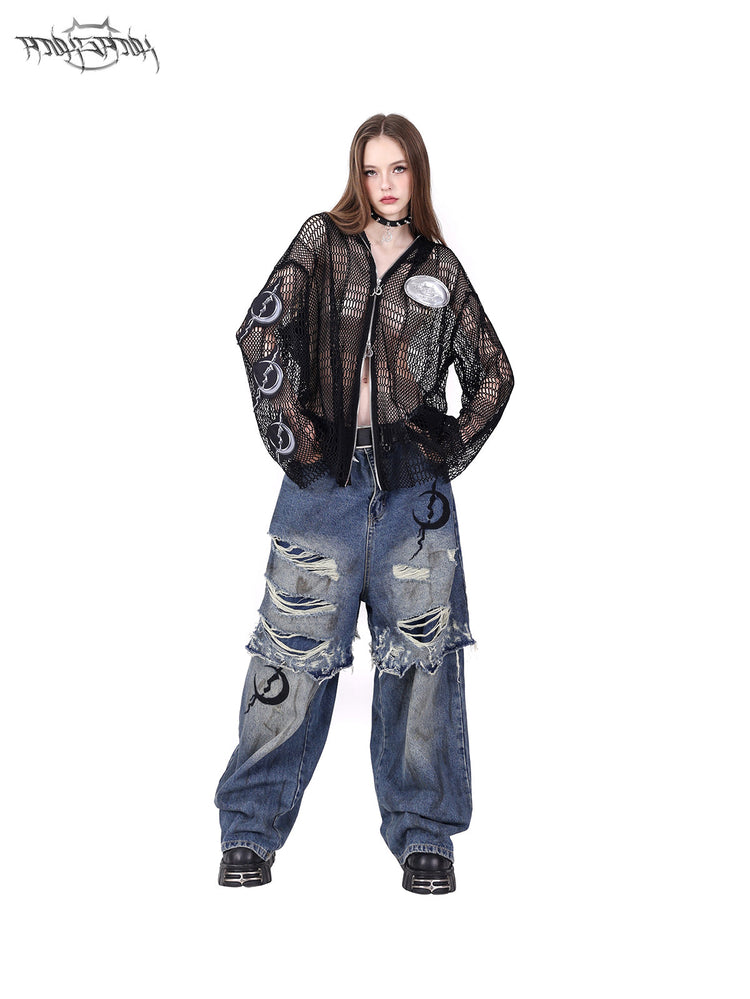 PINKSPINK ELECTRIC MOON spiked open-mesh zip hoodie in black — front modeled view with the hood down