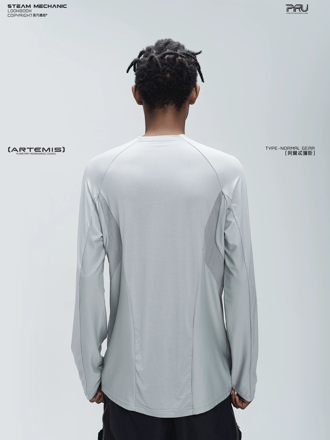 ARTEMIS moon dust gray stretch technical base-layer top — rear modeled view