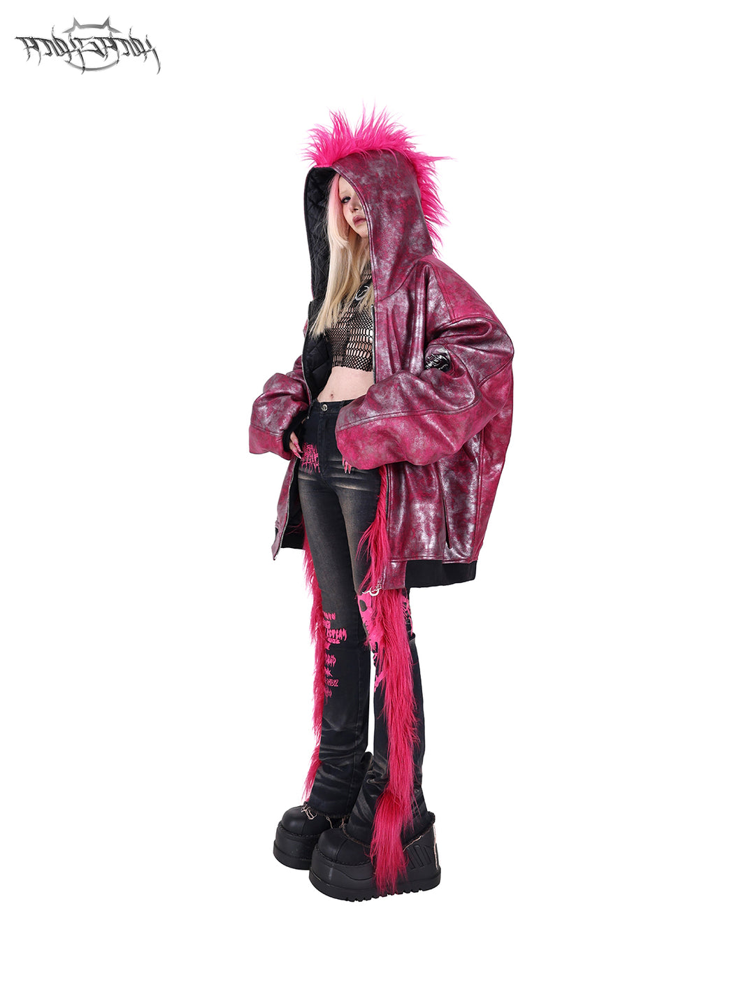 PINKSPINK COCKSCOMB mohawk padded jacket in PINK — side view with open jacket.