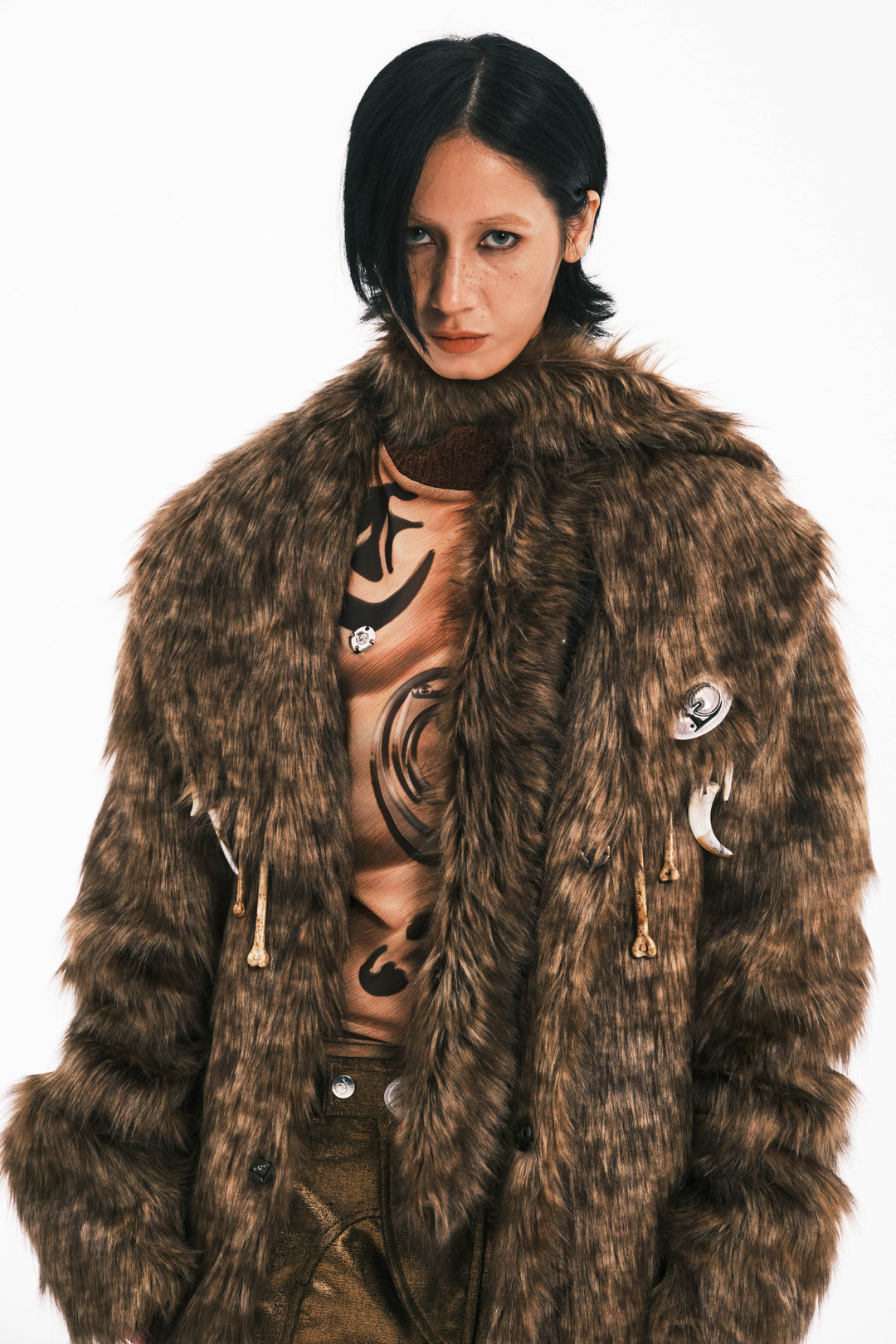 EMBRYO PRIMAL BONE mid-length faux-fur coat — full-length modeled view