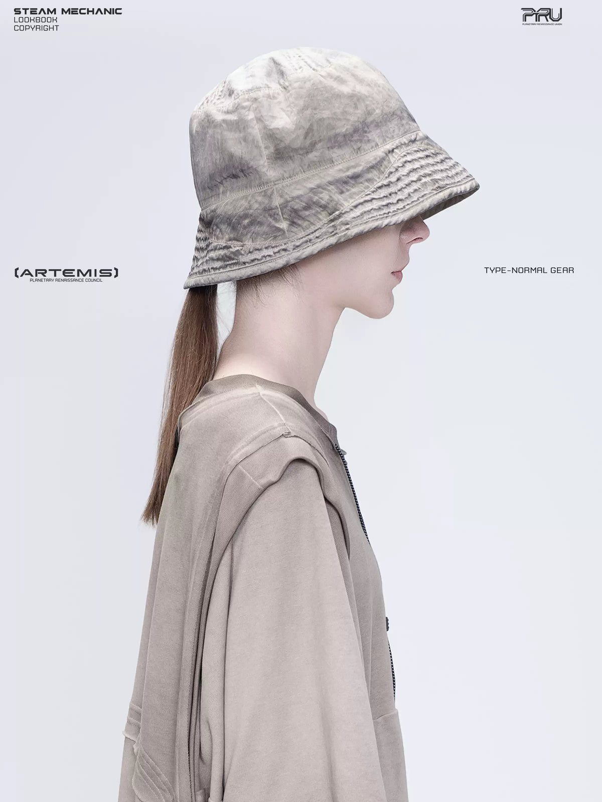PIONEER mercury brown distressed nylon bucket hat — right-facing profile showing the sloping stitched brim
