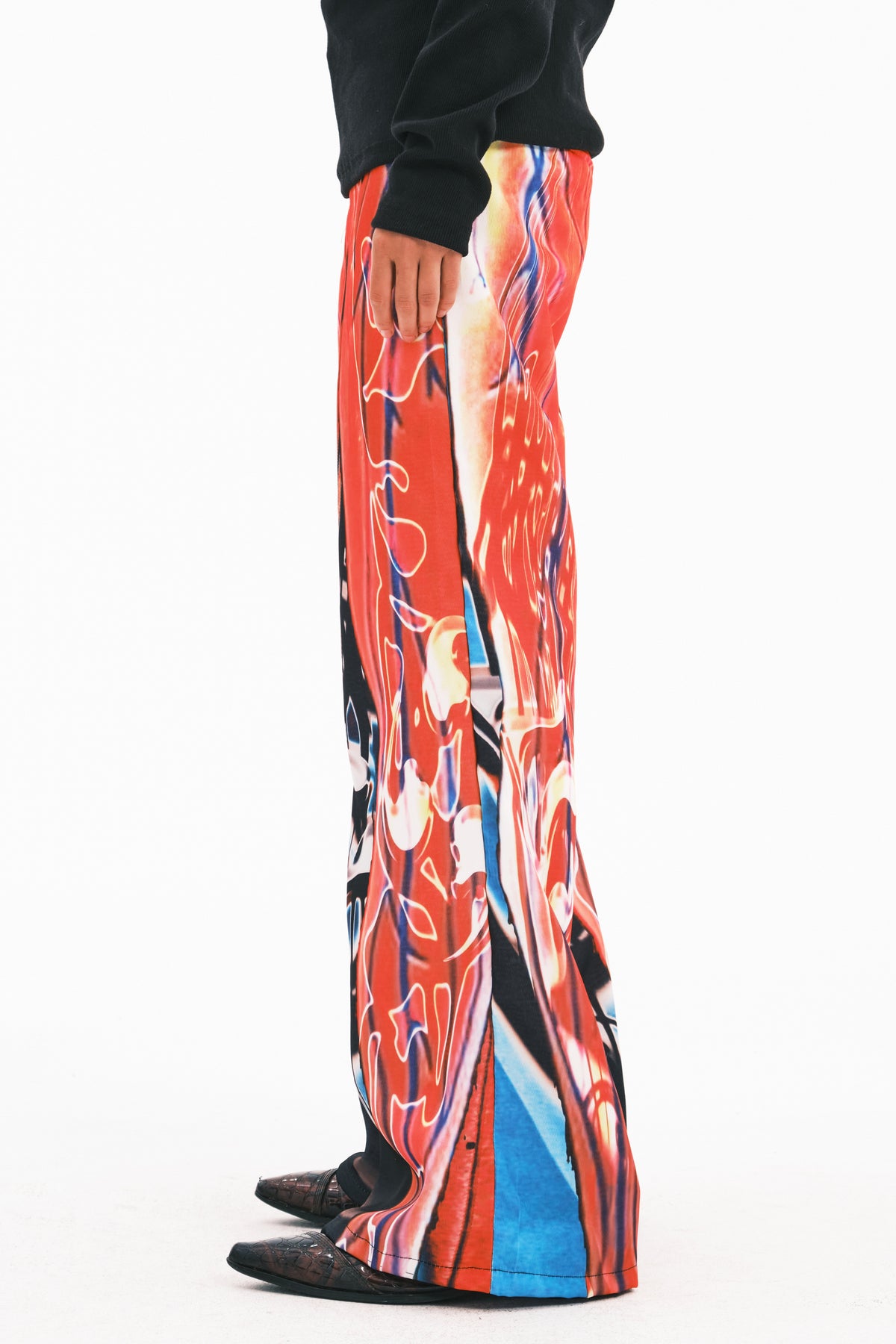 EMBRYO NEURAL FIRE printed flare pants — material and hardware detail