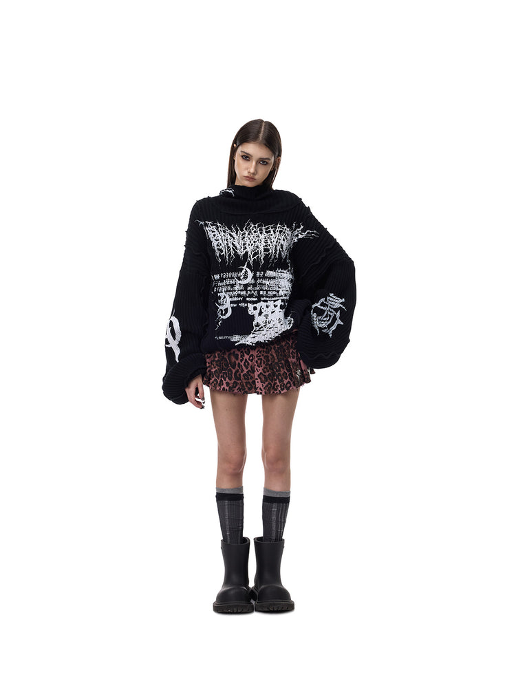 PINKSPINK THORN SIGNAL hooded graphic knit sweater — front full-length styling with mini skirt