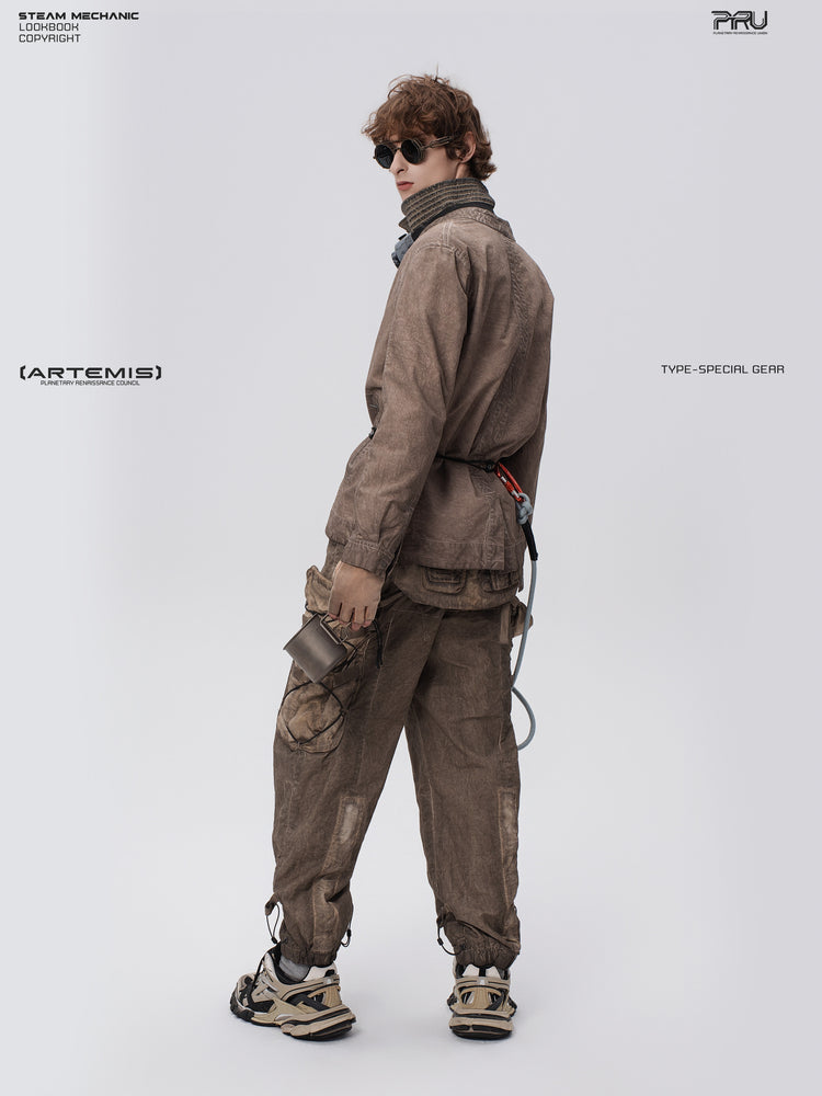 PIONEER gravel brown detachable-waist-bag work pants — full-length rear three-quarter view showing the detachable pouch