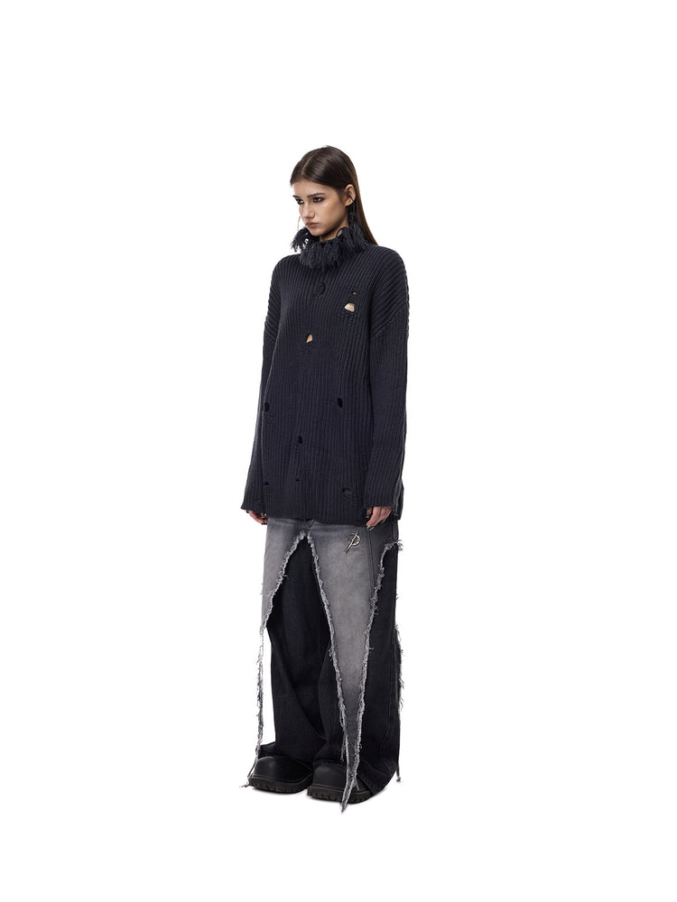 PINKSPINK ELECTRIC MOON distressed high-neck sweater — dark gray side full-length styling with jeans