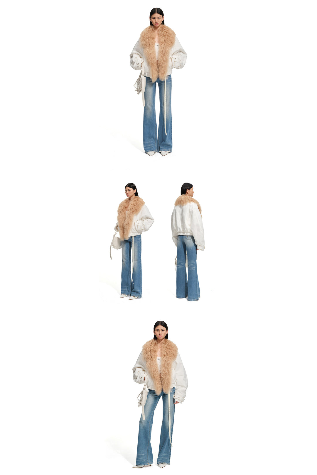 NAWS ARCTIC shearling-collar padded denim jacket — full-length modeled styling view