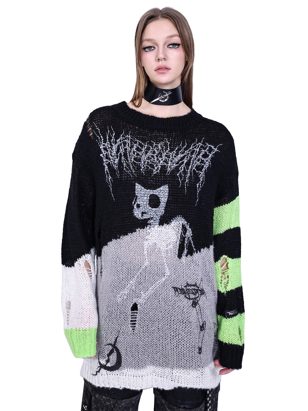 PINKSPINK SPHYNX distressed striped graphic sweater — black-green graphic sweater — close front view of cat print and open knit