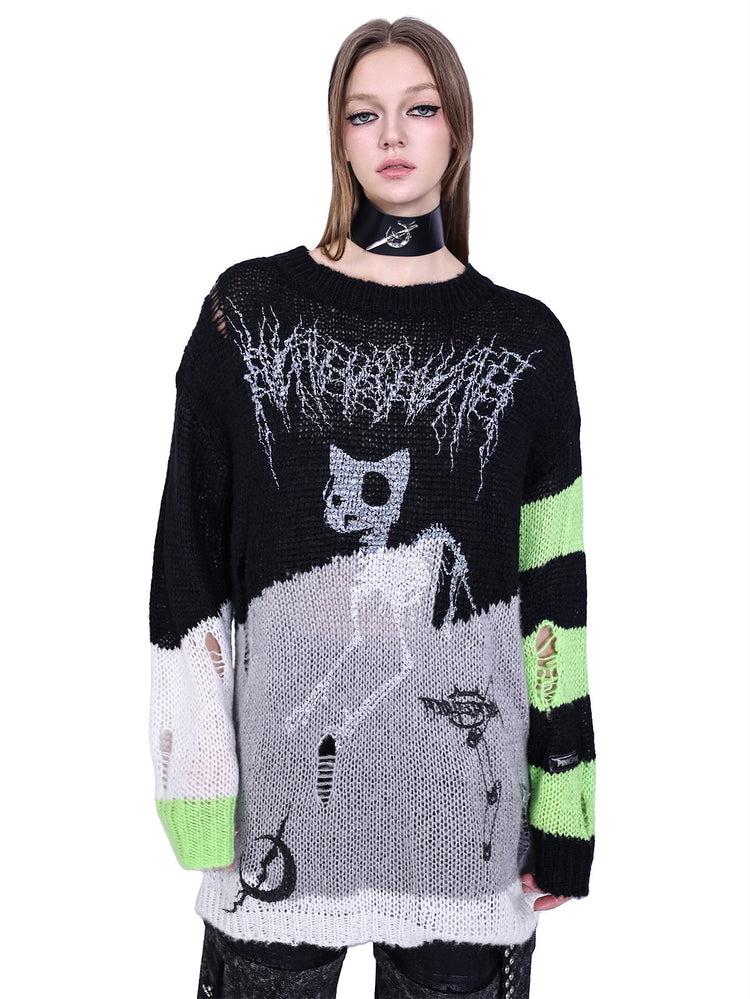 PINKSPINK SPHYNX distressed striped graphic sweater — black-green graphic sweater — close front view of cat print and open knit