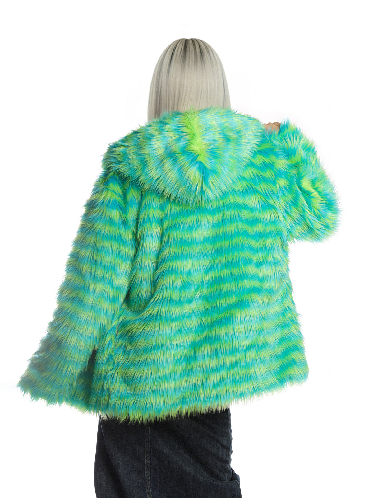 DEADENDKIDS RAVE STRIPE faux-fur hooded jacket — rear or construction presentation