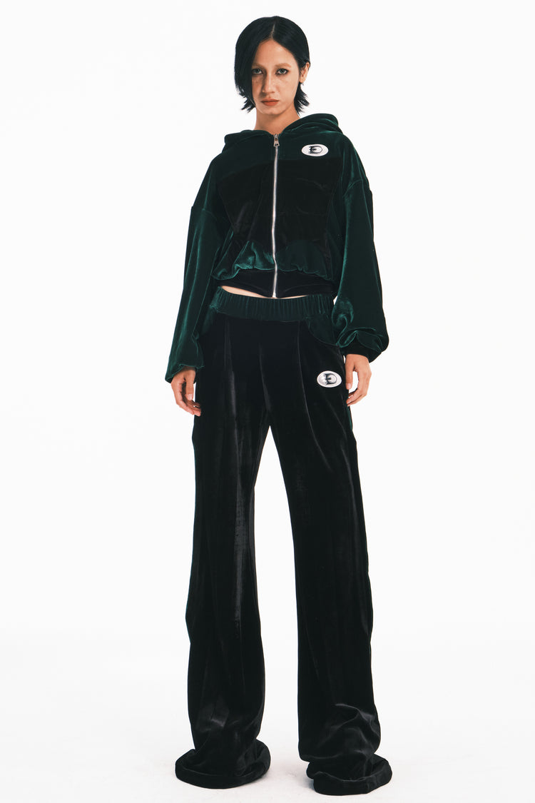 EMBRYO GREEN SPIKE velvet wide-leg pants — fabric and graphic detail