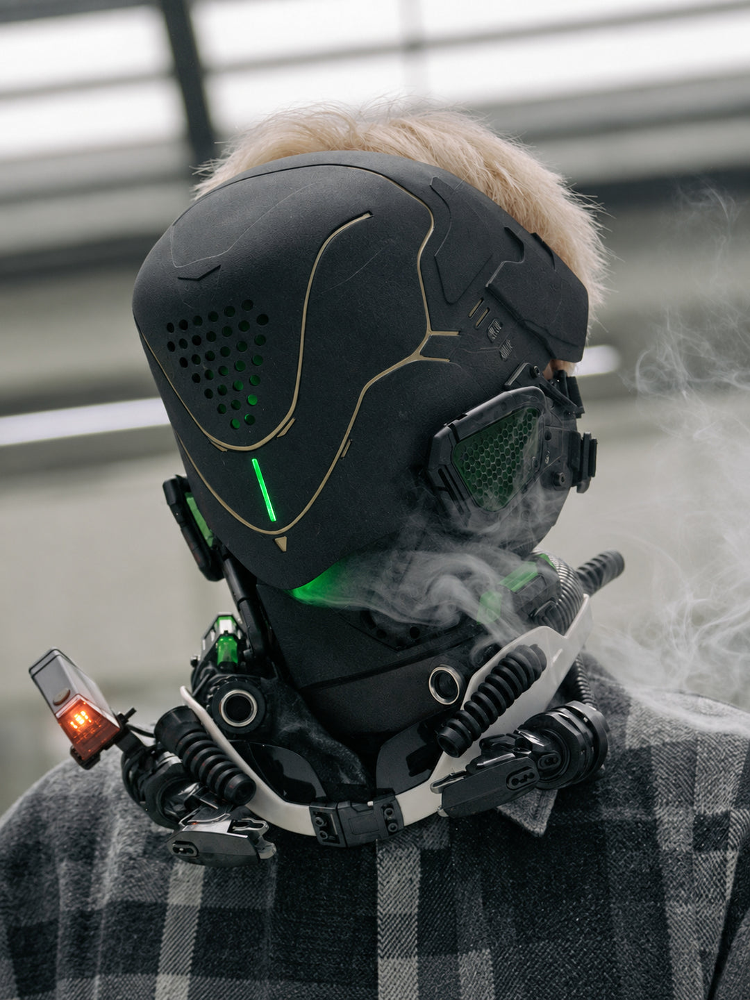 FOCKSHOP PROPHECY illuminated cyber mask — front modeled view