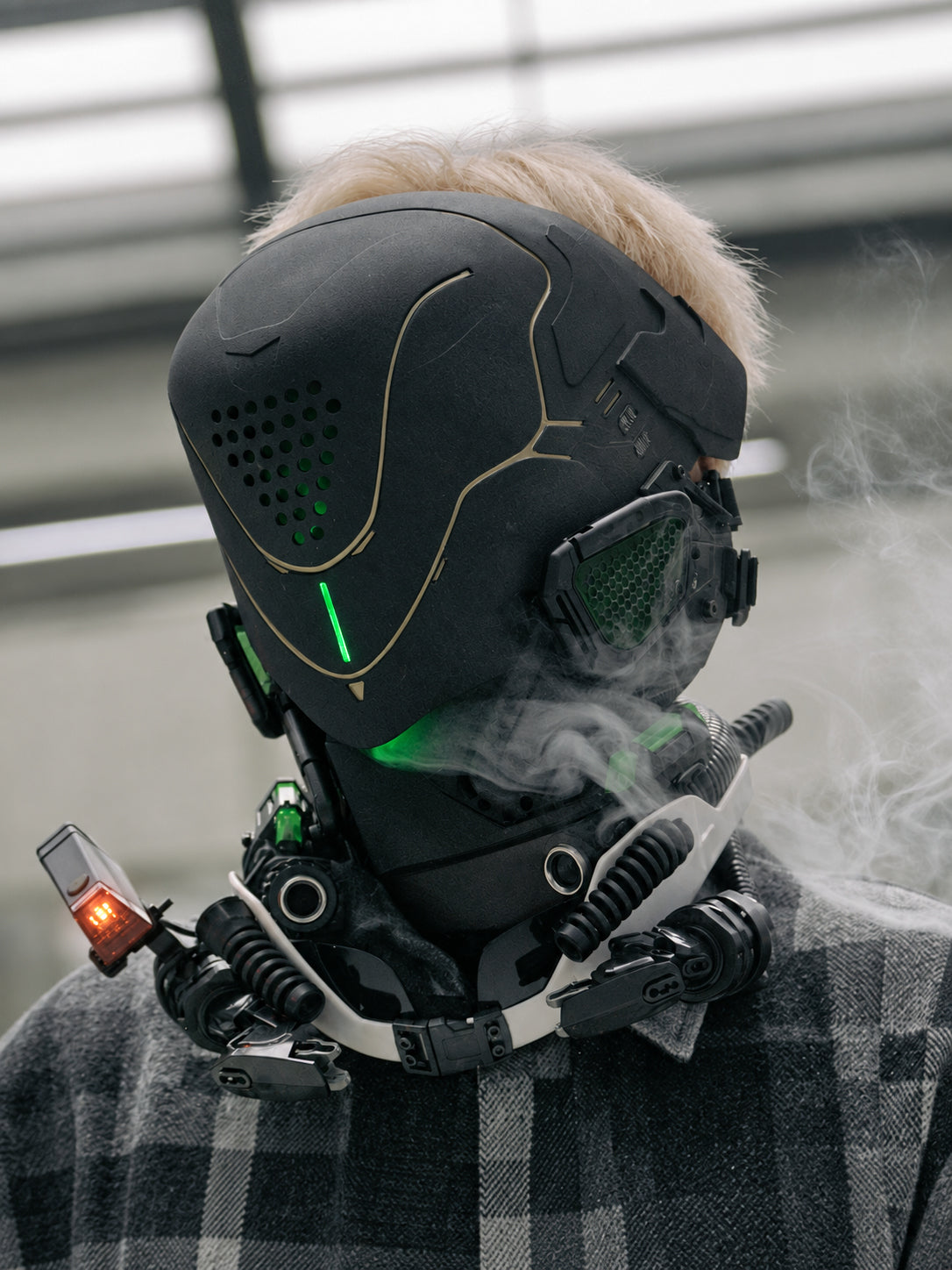 FOCKSHOP PROPHECY illuminated cyber mask — front modeled view